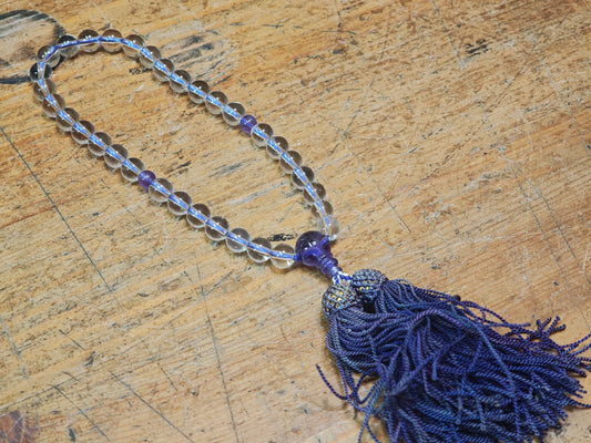 1944 Japanese Juzu Prayer Beads Crystal Amethyst Nenju Nishijin Pouch Rare