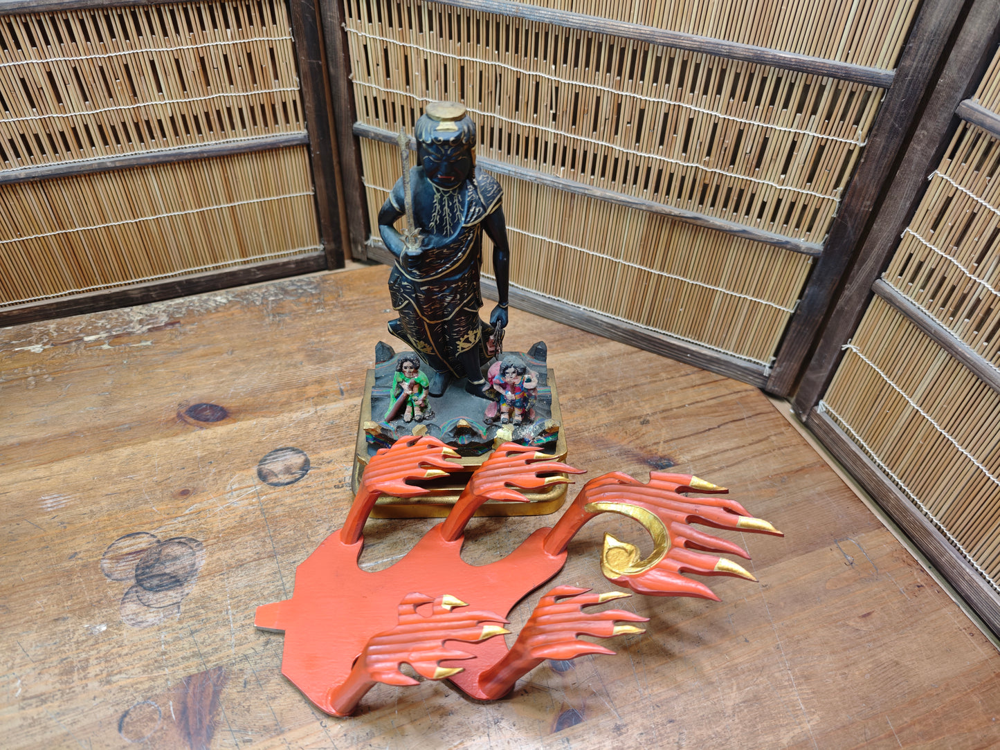 1800s Extremely Rare Japanese Fudo Myoo Wooden Statue 24K Gold Base 30cm+