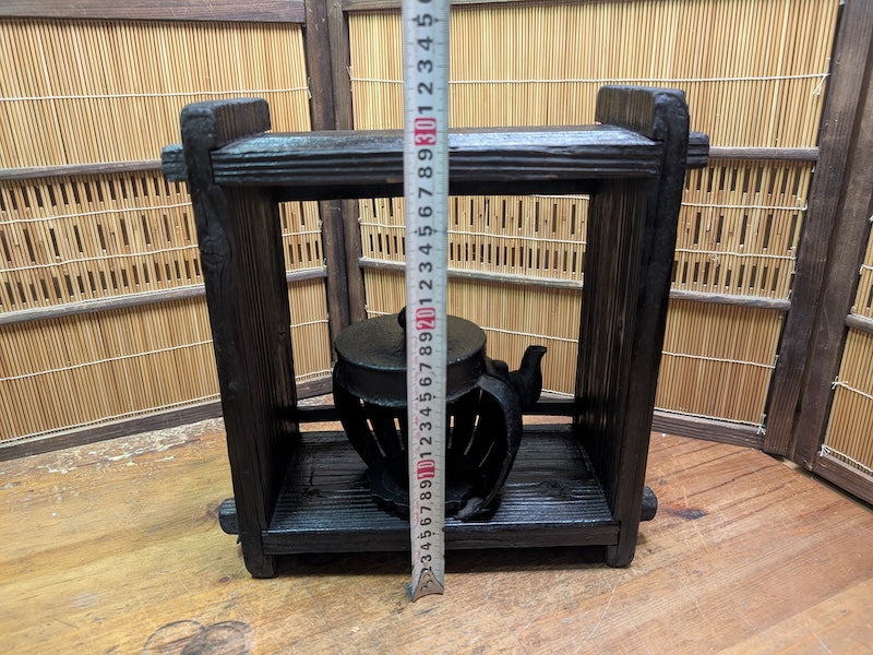 Antique Meiji Tetsubin Cast Iron Candle Lamp on Yakisugi Stand Japan