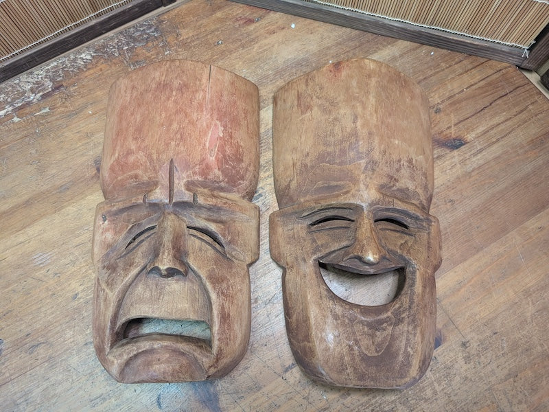 Japanese Comedy & Tragedy Masks Vintage Wood Theatre Wall Art