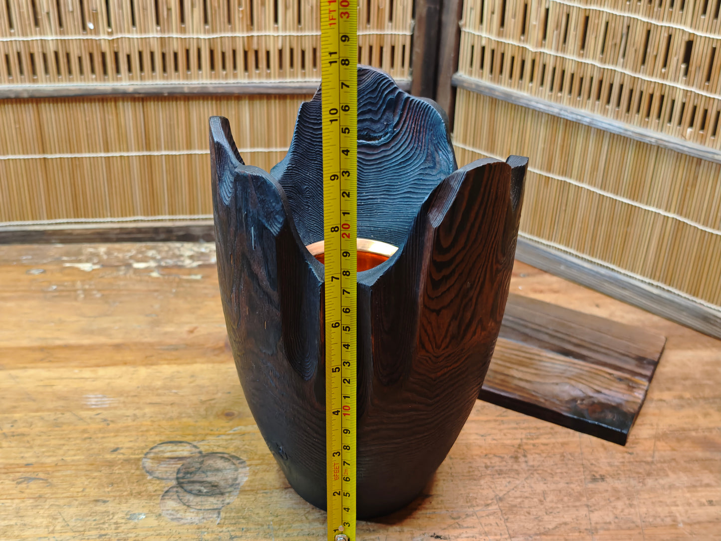 Japanese Yaki Sugi Wooden Ikebana Vase Signed Copper Insert Handcraft