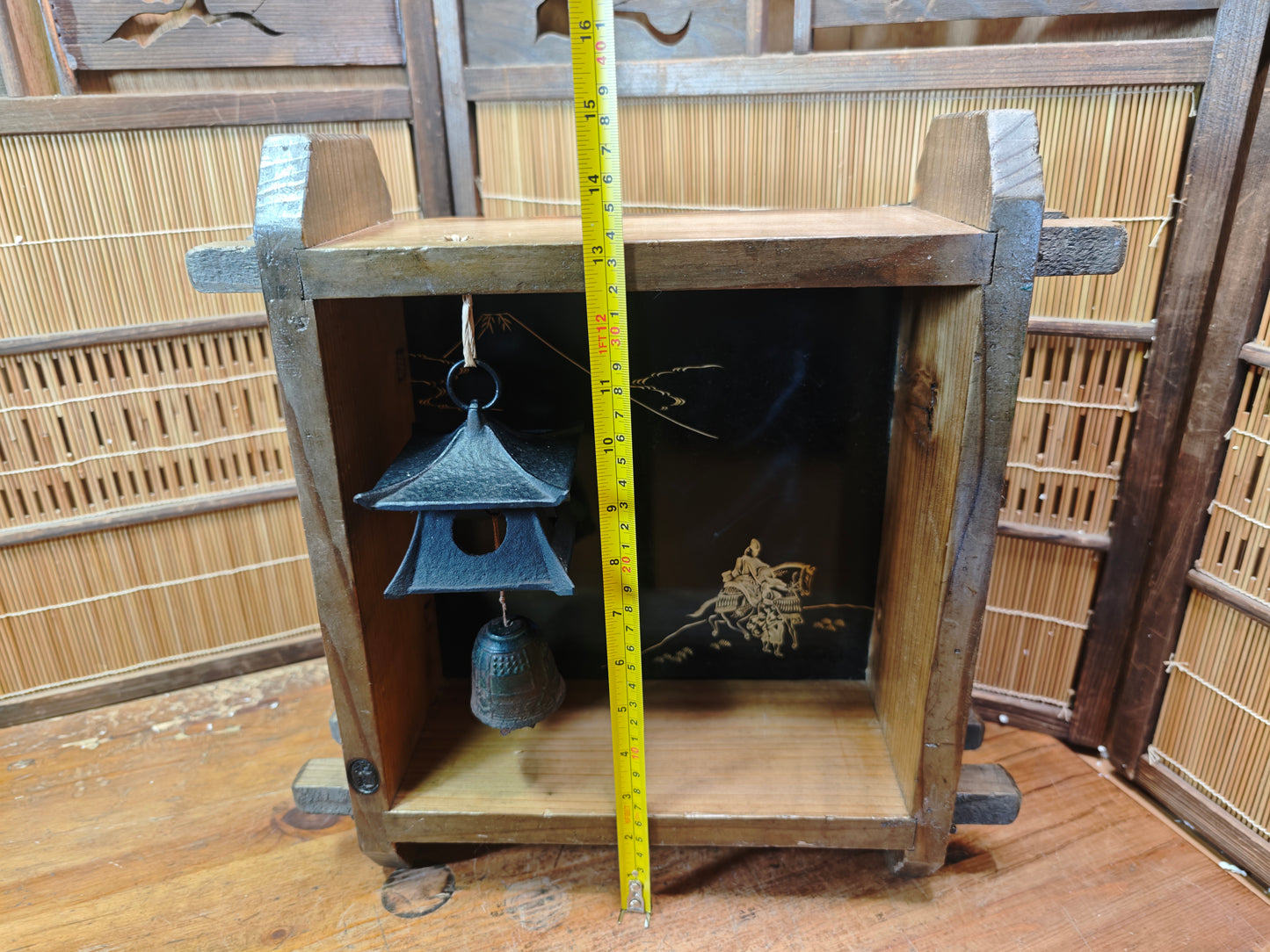 Japanese Antique Wooden Display Box w/ Nambu Furin Wind Chime Art