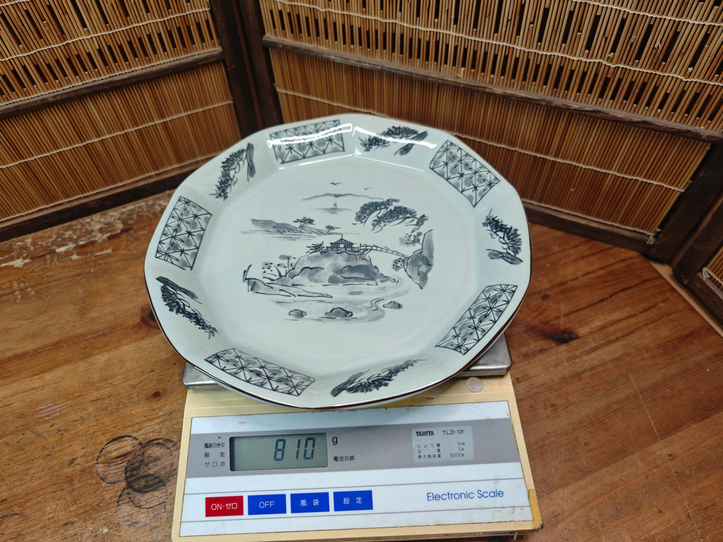 Japanese Meiji Satsumayama Blue White Plate Decagonal Landscape Antique Japan