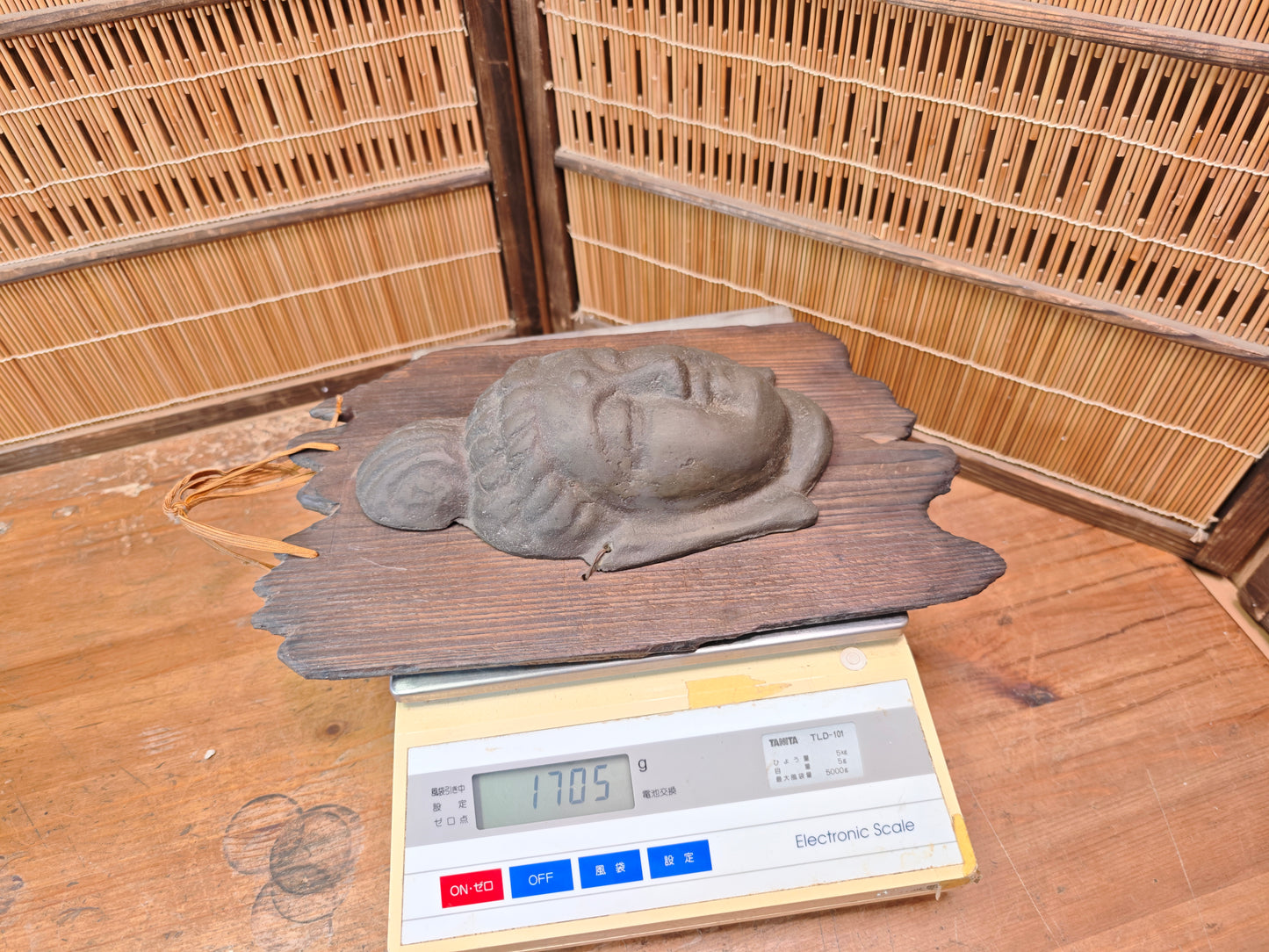 Japanese Vintage Kannon Buddha Mask Steel on Yakisugi Wood Auction JP