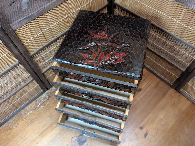 Japanese Vintage Drawer Large Box Okinawa Flower Engraved Wood Storage