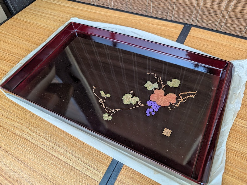 Vintage Serving Tray Lacquer Wood Grape Hand Painted Art Signed Unused