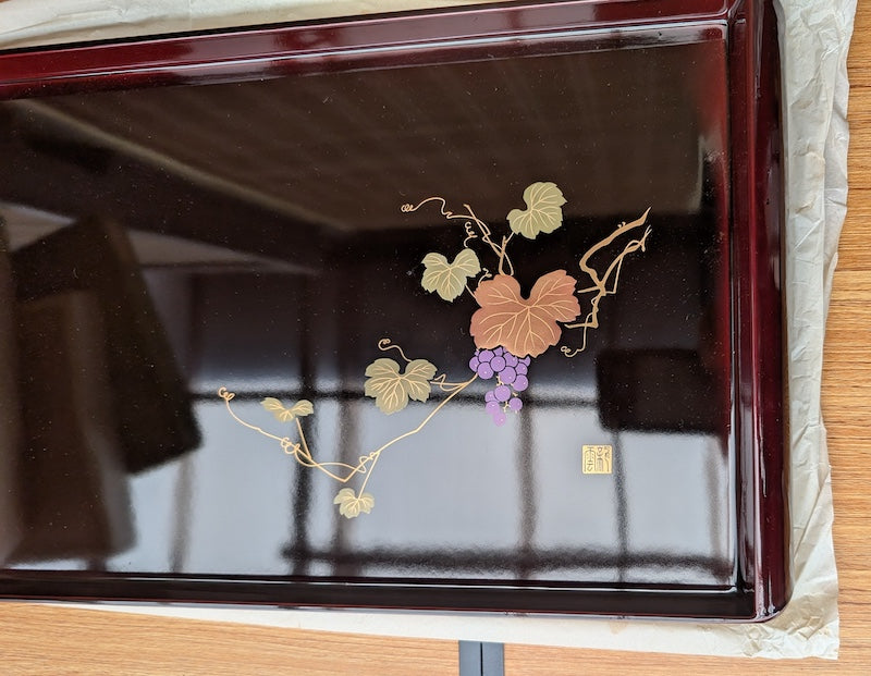 Vintage Serving Tray Lacquer Wood Grape Hand Painted Art Signed Unused
