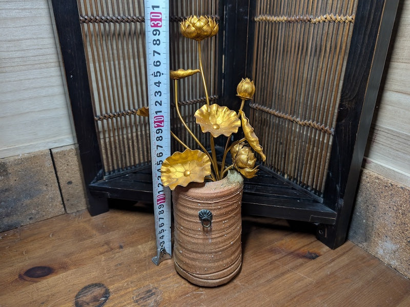 1950s Bizen Yaki Vase with 1940s Aluminum Flowers Japanese Vintage Art Set