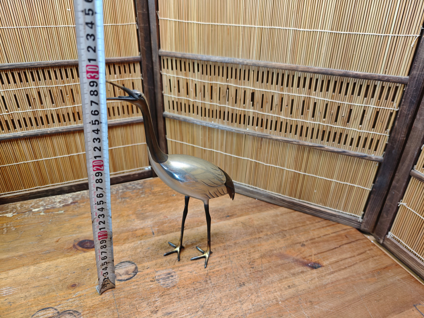 Rare Japanese Brass Crane Tsuru Statue Hand Painted Zen Decor Art