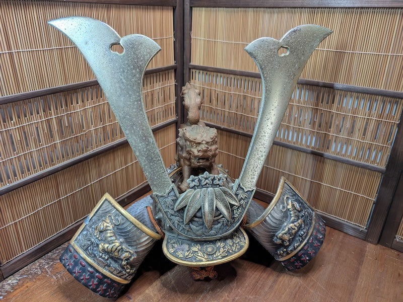 1950s Japanese Samurai Helmet Steel & Brass Antique Armor Display