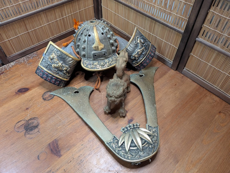 1950s Japanese Samurai Helmet Steel & Brass Antique Armor Display