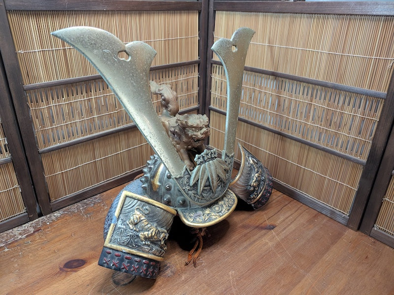 1950s Japanese Samurai Helmet Steel & Brass Antique Armor Display