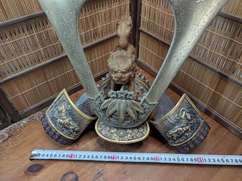 1950s Japanese Samurai Helmet Steel & Brass Antique Armor Display