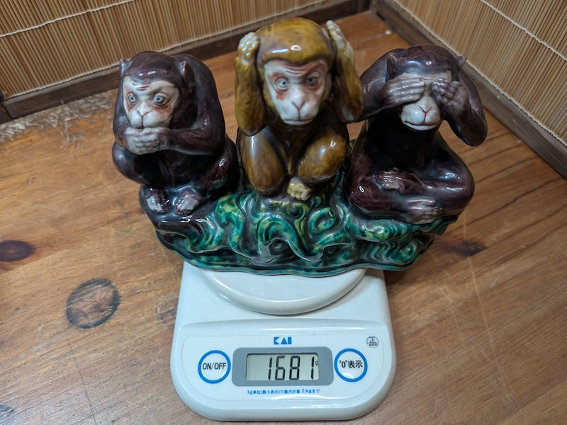 Antique Kutani Three Wise Monkeys Statue 1900s Japanese Ceramic Art