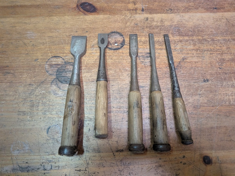 Rare 1960s Japanese Signed Steel Chisels Set Signed Woodworking Tools