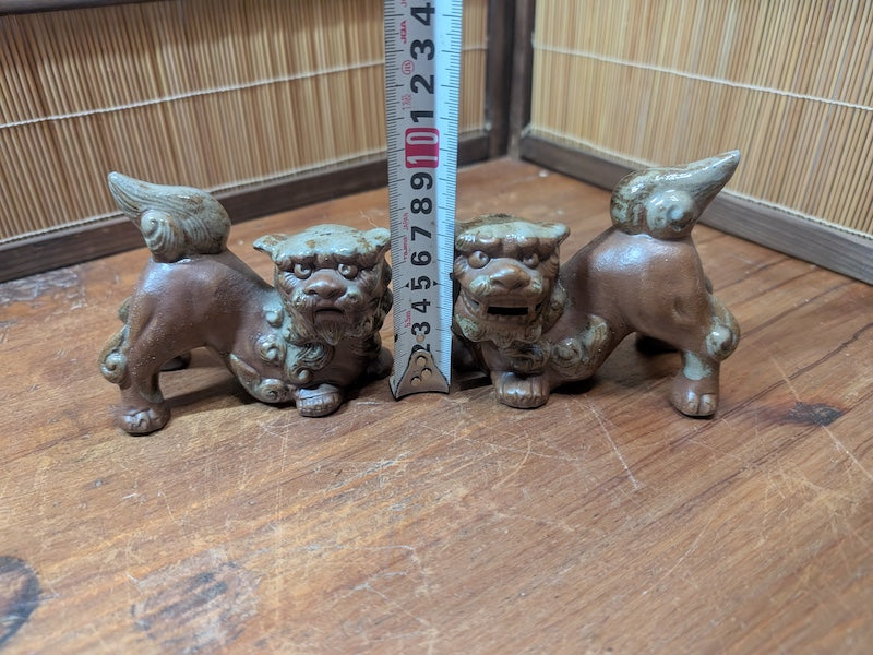 Vintage Okinawan Shisa Lion Pair Hand Painted Ceramic Statues Japan Rare