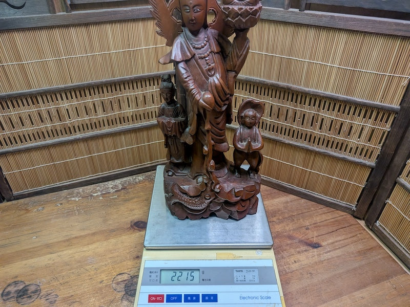 Vintage Chinese Boxwood Guan Yin Statue Lotus Fish Motif Auction Japan