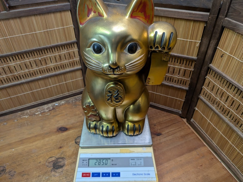 Vintage Japanese Gold Maneki Neko Large Signed Lucky Cat Figurine