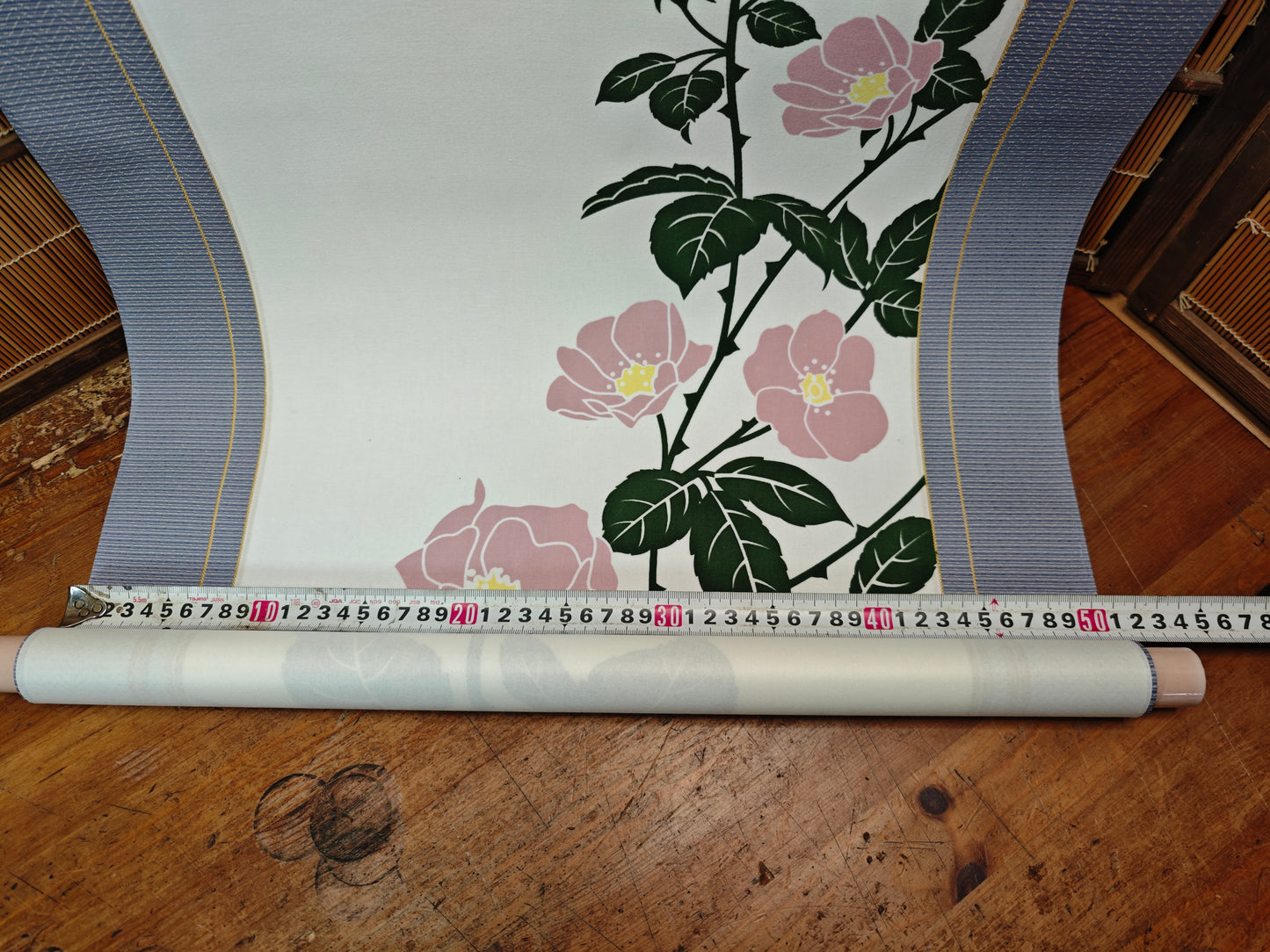 Vintage Japanese Kakejiku Hanging Scroll Somemono Wall Art Roses & Wheel