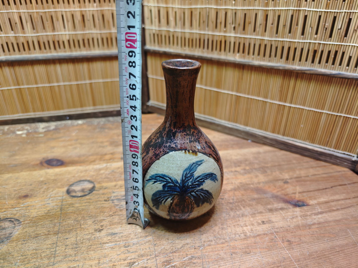 Vintage Okinawa Double Gourd Vase Hand Painted Ceramic Folk Art Japan