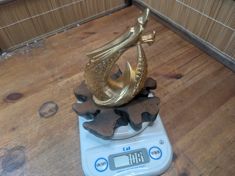 Japanese Brass Dragon Sculpture Vintage 1990s on Wooden Stand Collectible