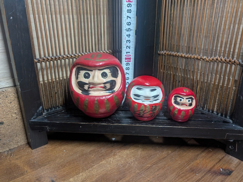 Vintage Japanese Daruma Kokeshi Doll Set – Handmade & Hand-Painted (3 Sizes)