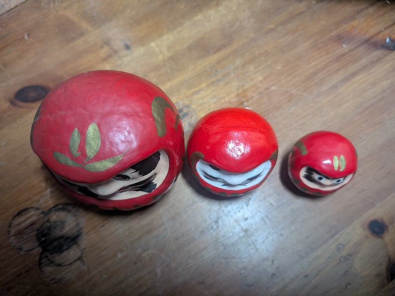 Vintage Japanese Daruma Kokeshi Doll Set – Handmade & Hand-Painted (3 Sizes)