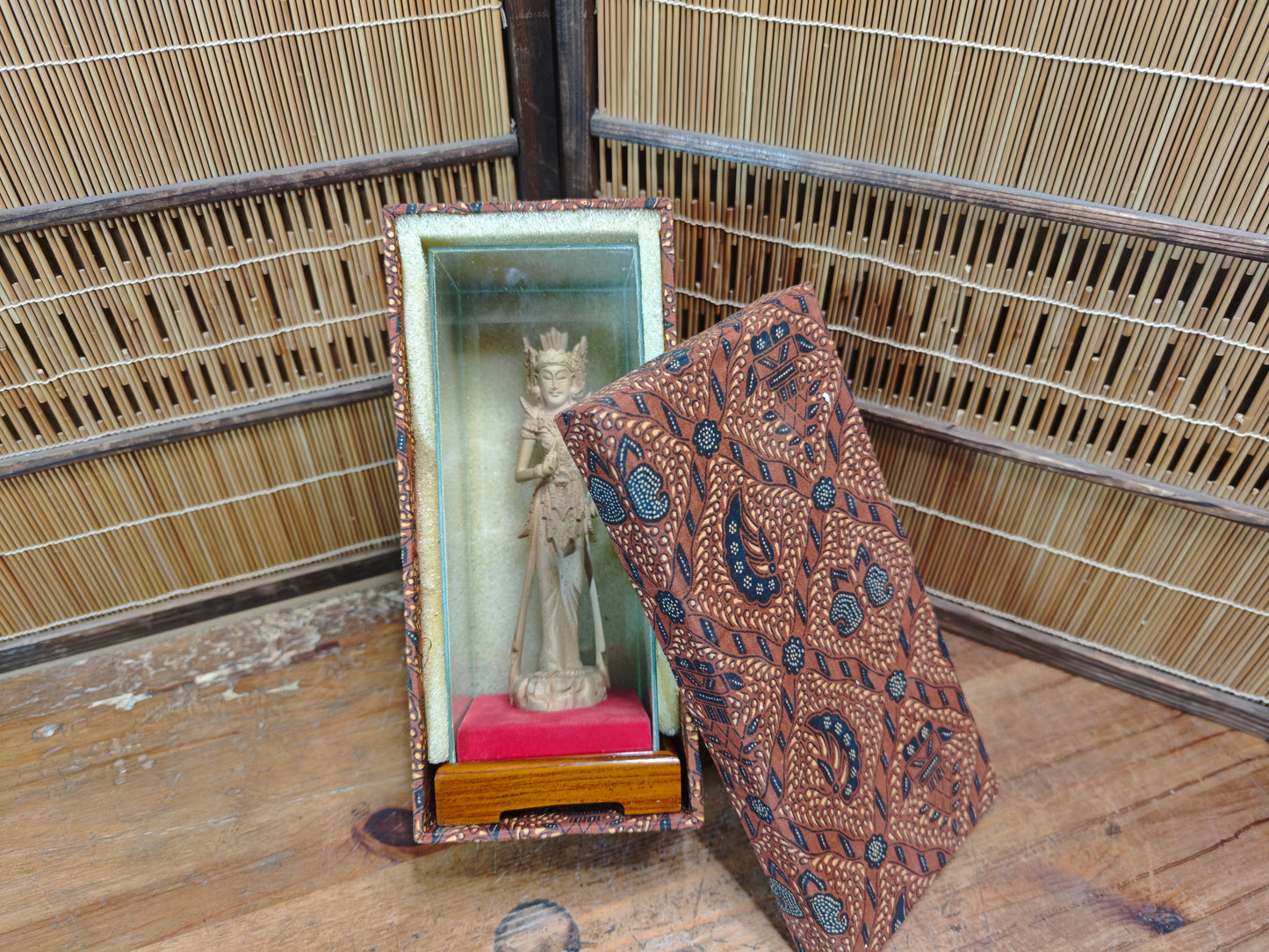 Vintage Thai Wooden Devata Statue in Case Hand Carved Temple Figure
