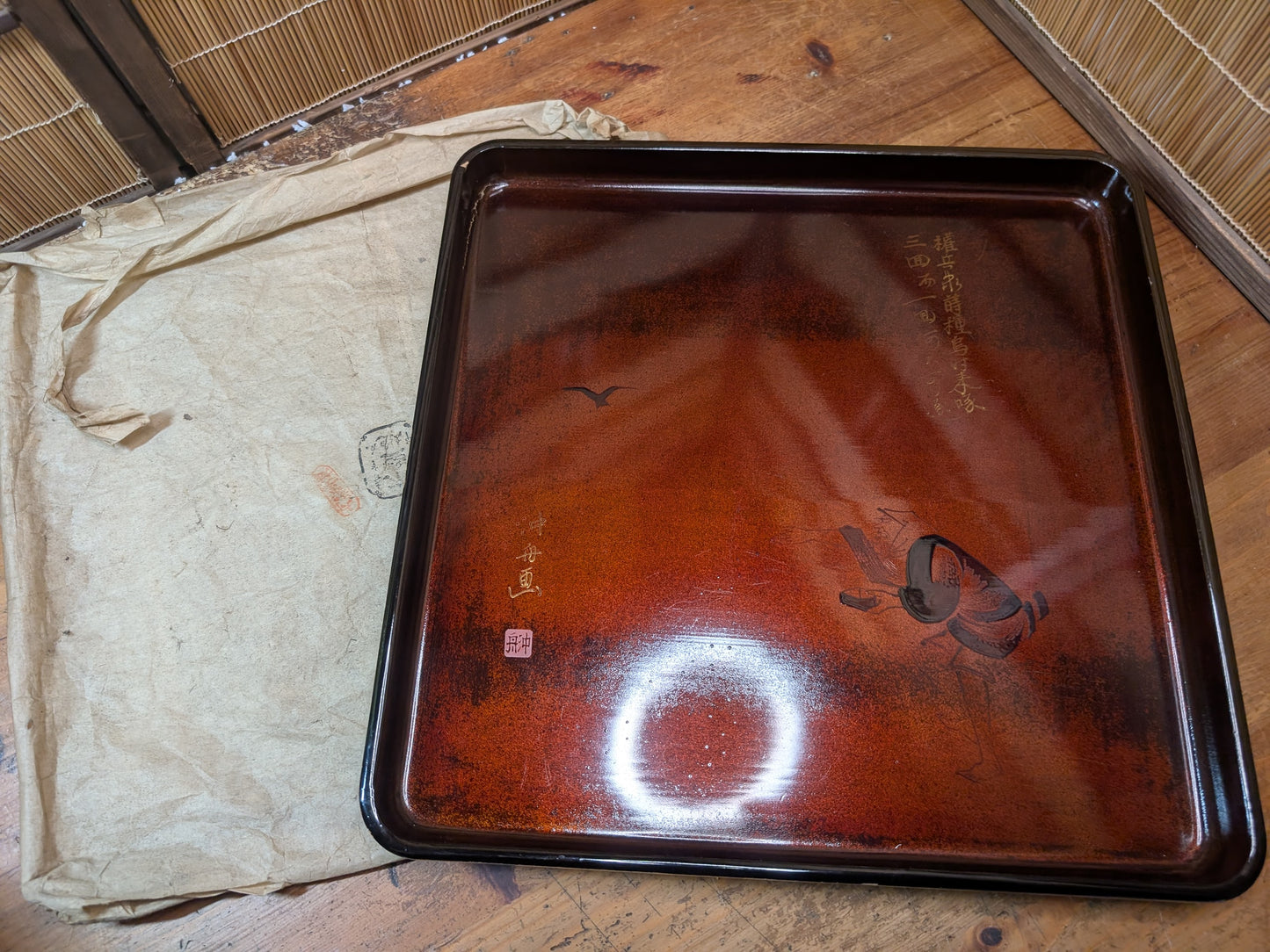 Extremely Rare 1800s Japanese Sakura Wood Tray Edo Meiji Urushi Signed