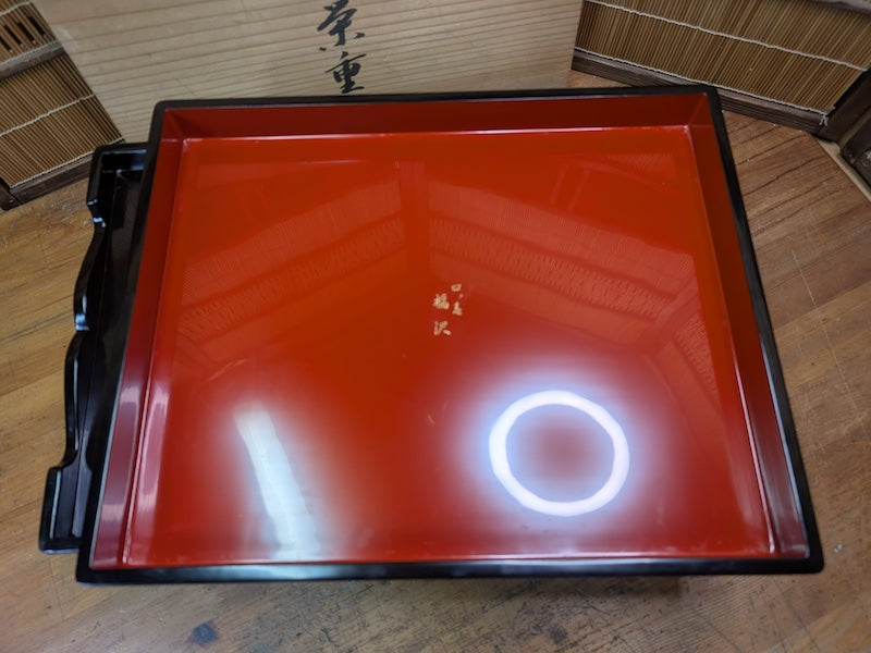 Wajima Nuri Lacquerware Jubako Gold Paint Signed Box Washi Cover Japan Antique