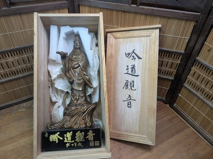 1930s Japanese Bronze Kannon Statue Consecrated Box & Papers Antique Temple Art