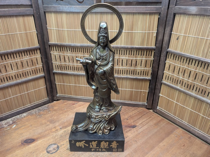 1930s Japanese Bronze Kannon Statue Consecrated Box & Papers Antique Temple Art