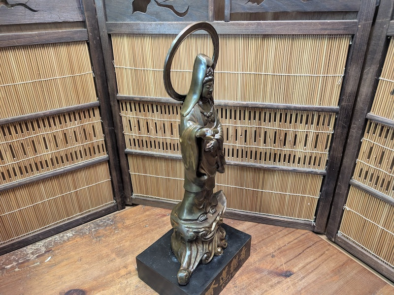 1930s Japanese Bronze Kannon Statue Consecrated Box & Papers Antique Temple Art
