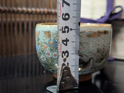 Japanese Kutani Ware Tea Cup Blue Glaze Hand Painted Vintage Japan