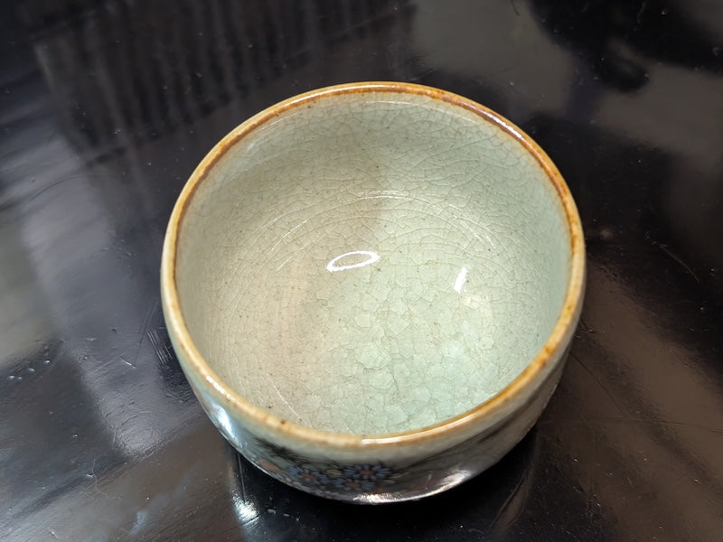 Japanese Kutani Ware Tea Cup Blue Glaze Hand Painted Vintage Japan