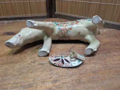 1940s Japanese Satsuma Boar Incense Burner Damaged Antique Koro W/ Box Auction Japan