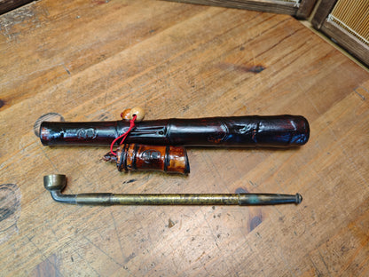 Vintage 1940s Kiseru Pipe Brass Steel w/Traditional Bamboo Case Signed