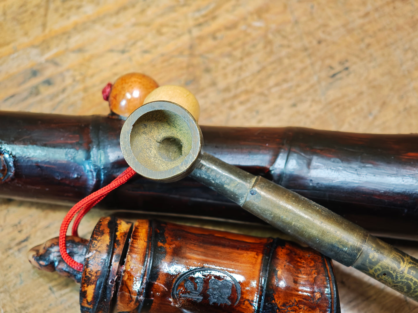 Vintage 1940s Kiseru Pipe Brass Steel w/Traditional Bamboo Case Signed