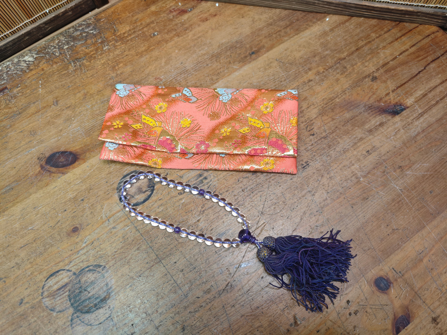 1944 Japanese Juzu Prayer Beads Crystal Amethyst Nenju Nishijin Pouch Rare