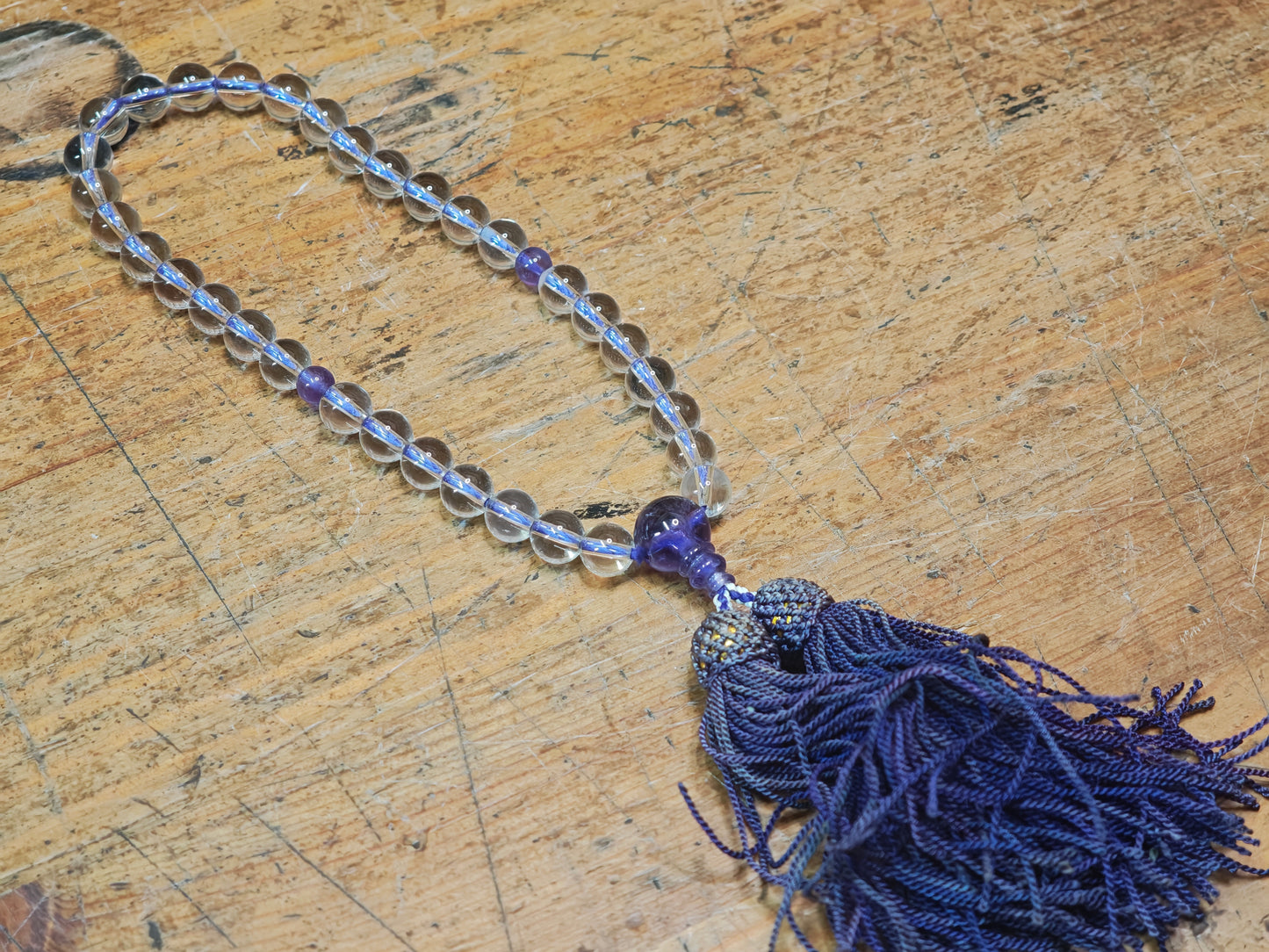 1944 Japanese Juzu Prayer Beads Crystal Amethyst Nenju Nishijin Pouch Rare