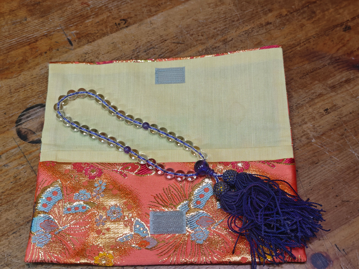 1944 Japanese Juzu Prayer Beads Crystal Amethyst Nenju Nishijin Pouch Rare