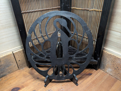 Japanese 1949 Katana Tsuba Hand-Forged Tsuru Kamon Large Wall Decor One-of-a-Kind Japan