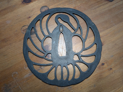Japanese 1949 Katana Tsuba Hand-Forged Tsuru Kamon Large Wall Decor One-of-a-Kind Japan