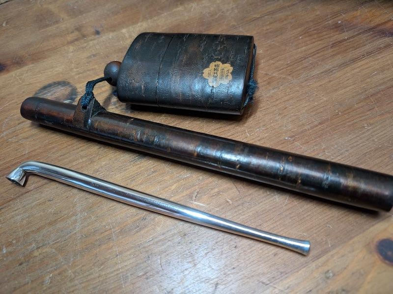 1950s Japanese Antique Kiseru Tobacco Pipe – Silver (純銀 Signed) with Authentic Sakura Wood Case – Private Collection