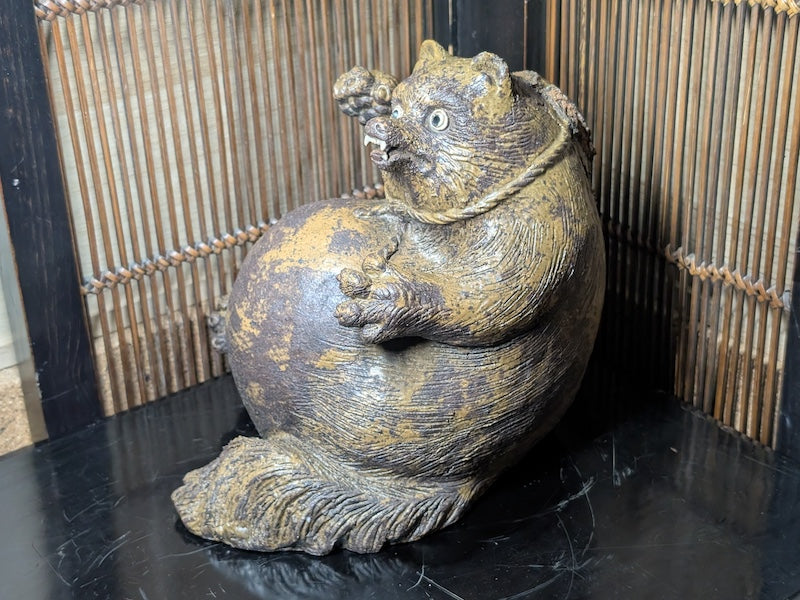 1950s Japanese Bizen Yaki Tanuki Figurine – Handmade Raccoon Dog Sculpture