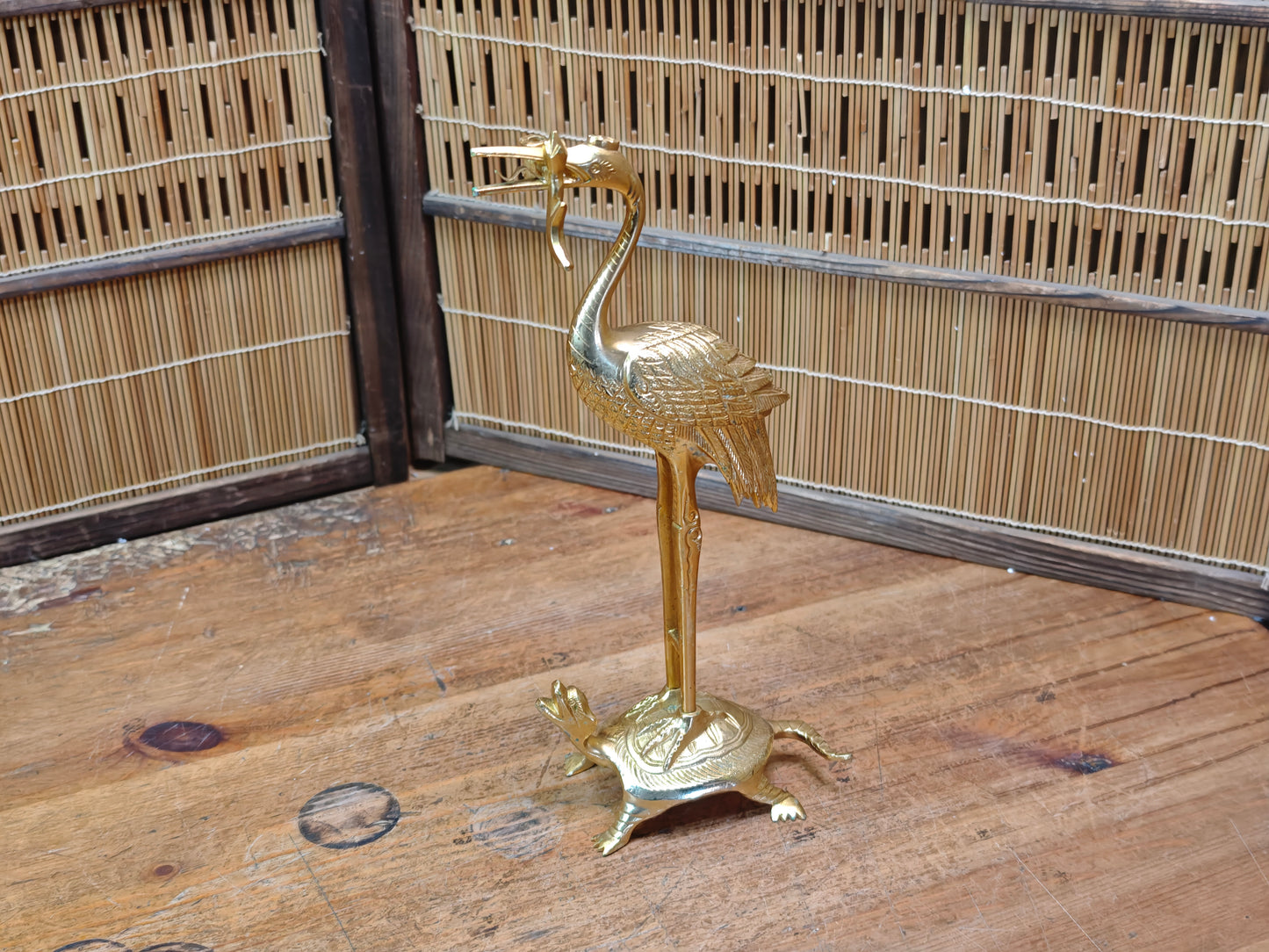 Japanese Brass Tsuru Kame Candlestick Crane Turtle Feng Shui Decor
