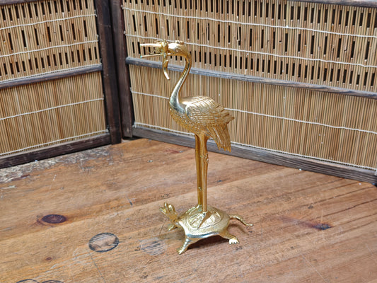 Japanese Brass Tsuru Kame Candlestick Crane Turtle Feng Shui Decor