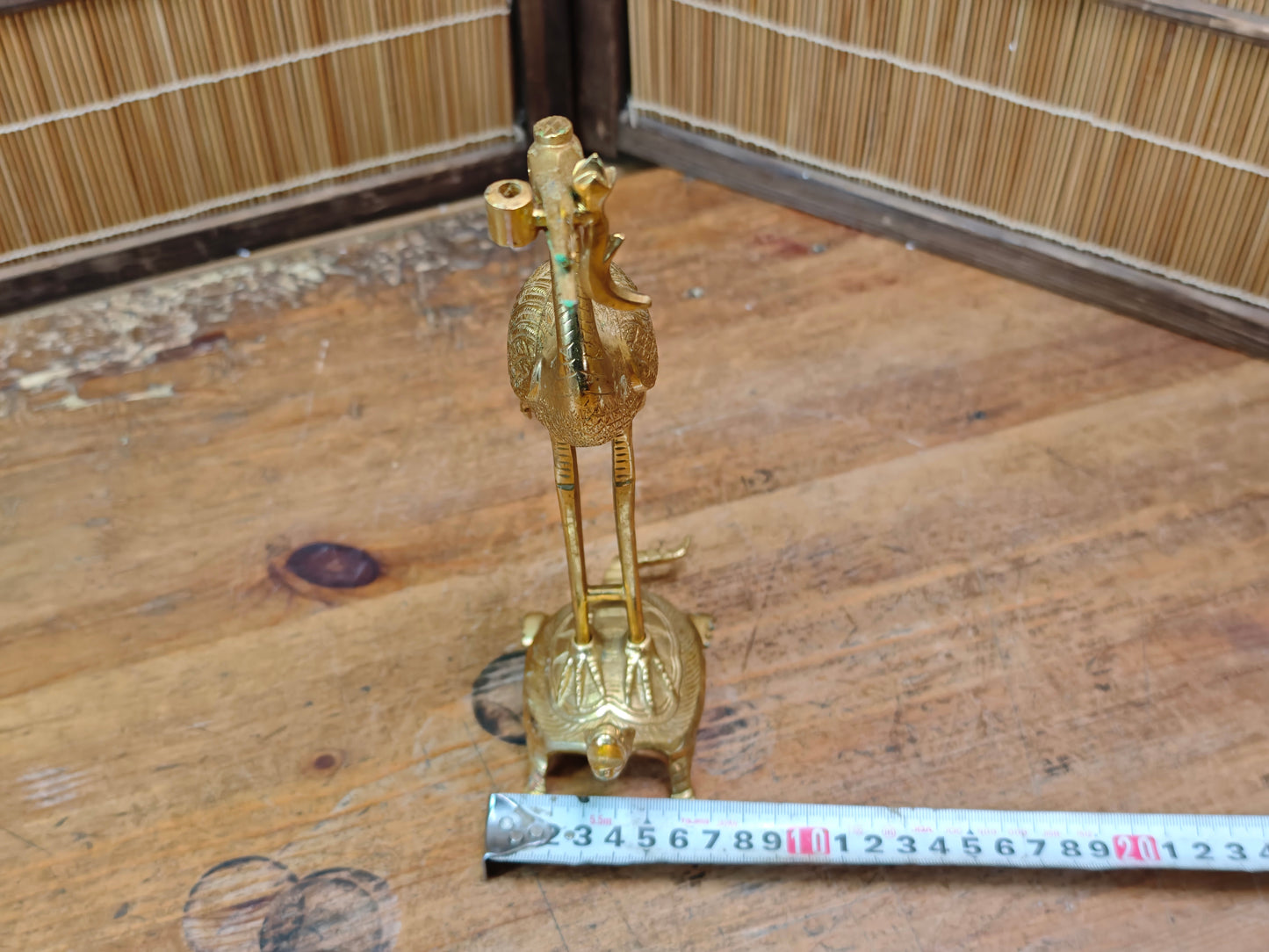 Japanese Brass Tsuru Kame Candlestick Crane Turtle Feng Shui Decor