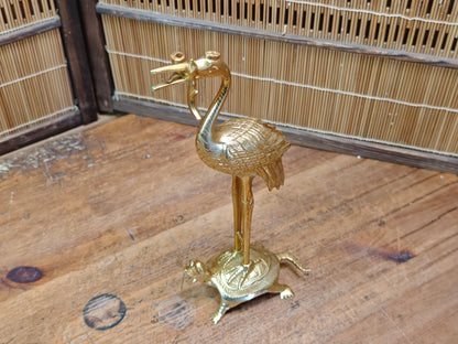 Japanese Brass Tsuru Kame Candlestick Crane Turtle Feng Shui Decor