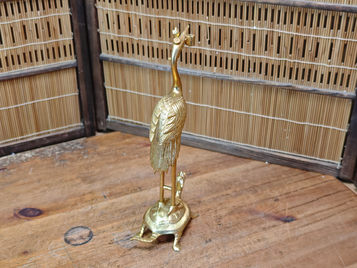 Japanese Brass Tsuru Kame Candlestick Crane Turtle Feng Shui Decor